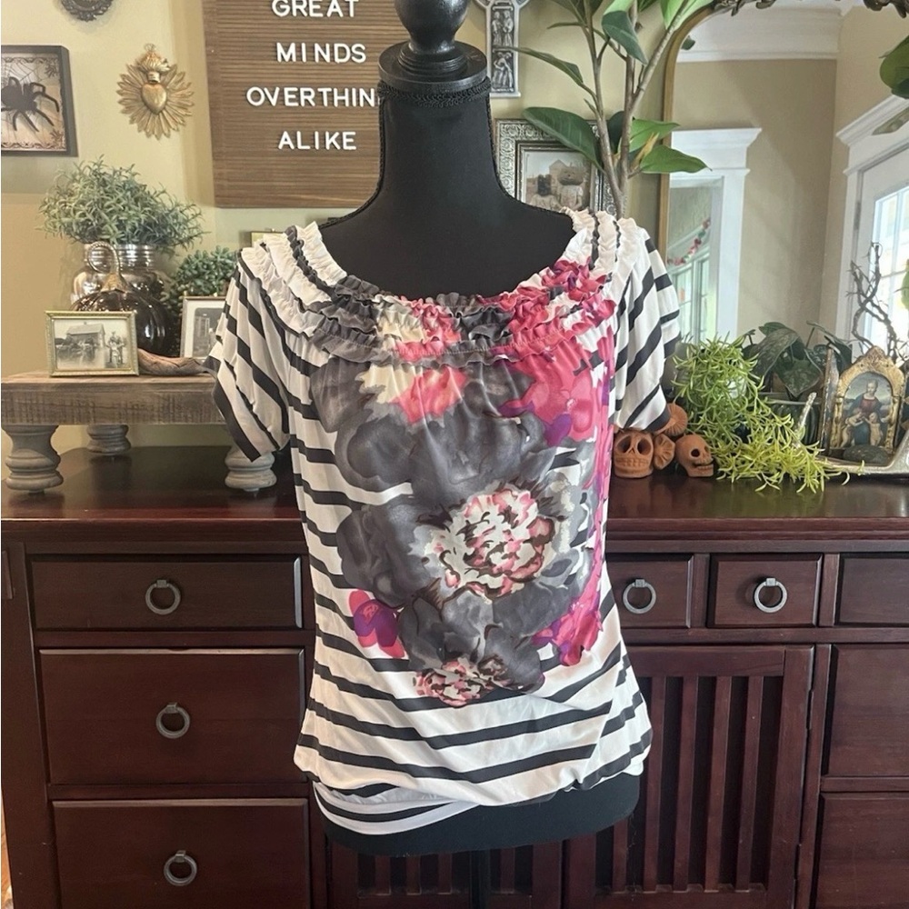 The Limited Black and White Striped Floral Blouse
